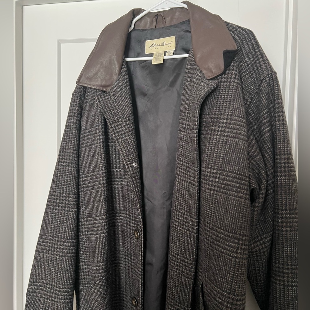 Vintage Eddie Bauer Charcoal and Brown Plaid Trench Coat - Picture 3 of 6